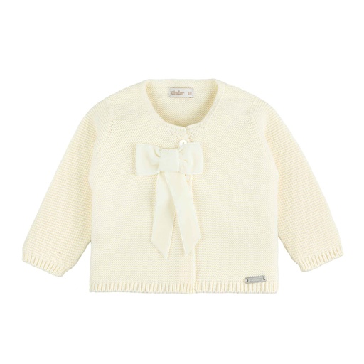 [55.505.010-303-2]  Garter Stitch Cardigan W/ Velvet Bow (303 Cream, 2)