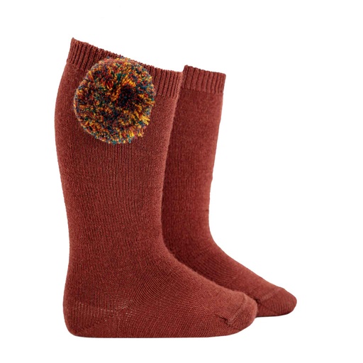 Wool Blend Knee Sock W/ Multicolor Pom Poms