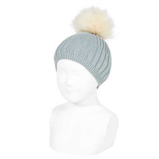 Ribbed Hat W/ Faux Fur Pom Pom