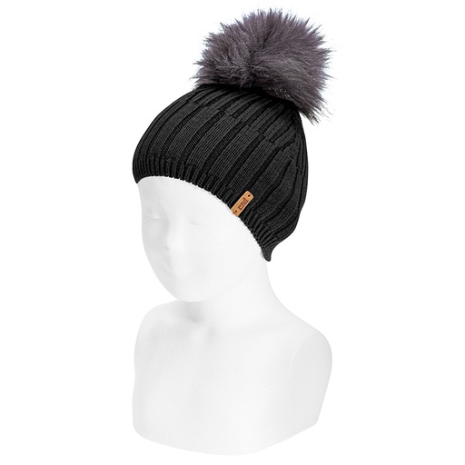 Ribbed Hat W/ Faux Fur Pom Pom