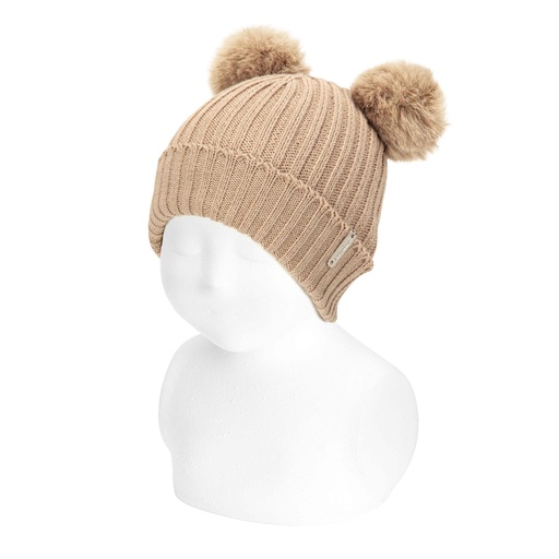 Ribbed Hat W/ Faux Fur Pom Pom
