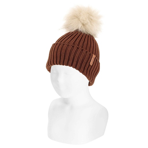 Ribbed Hat W/ Faux Fur Pom Pom